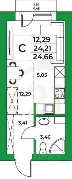 Студия, 24,66 м²