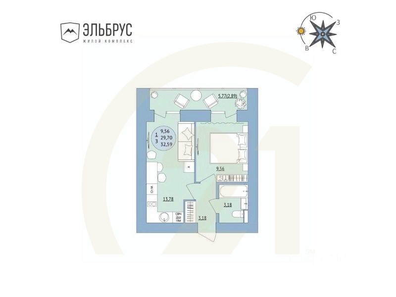 1-комн. квартира, 32,59 м²в ЖК «Эльбрус»