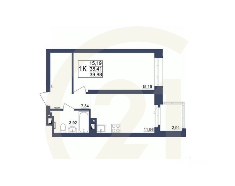 1-комн. квартира, 39,7 м²