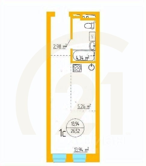 Продаются 1-комн. апартаменты, 26,52 м²в ЖК «Аксаковский»