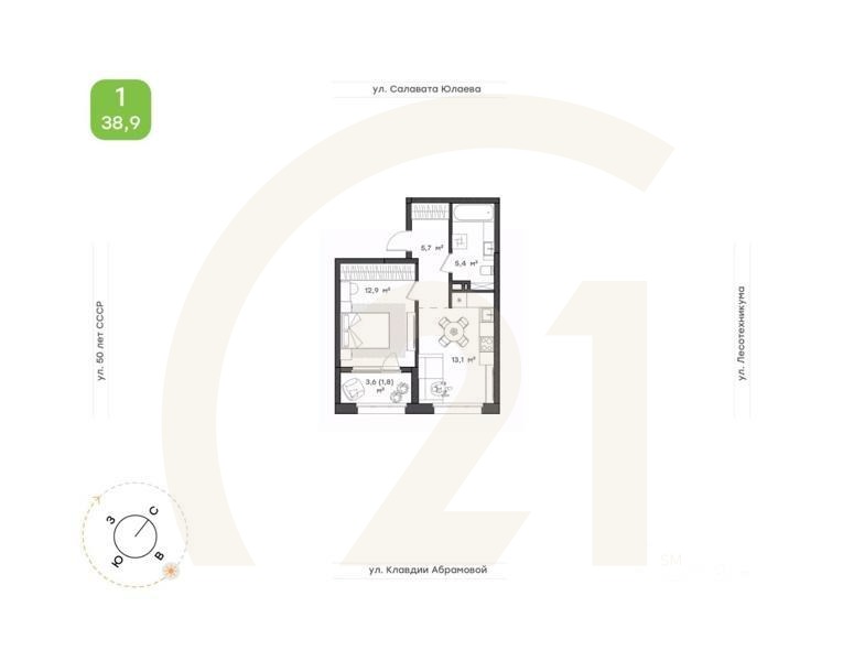1-комн. квартира, 38,9 м²в ЖК «Бионика Парк»