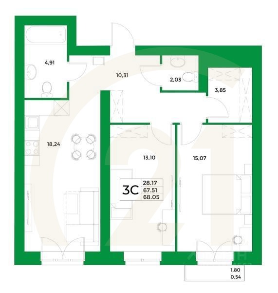 3-комн, 68,05 м²