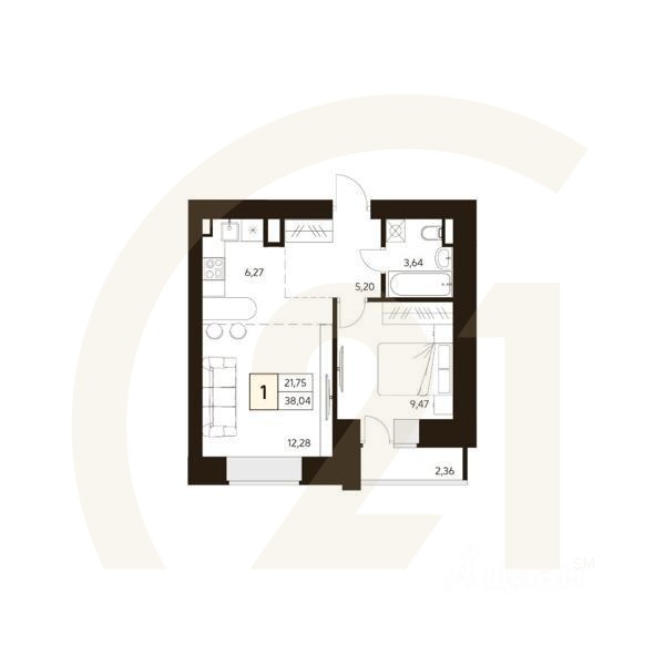 1-комн. квартира, 38,06 м²в ЖК «MATUR»
