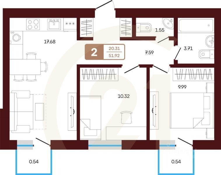 2-комн. квартира, 51,92 м²в ЖК «ЯРАТАУ»