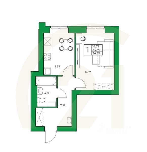 1-комн. квартира, 34,39 м²