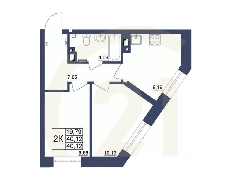 2-комн. квартира, 40,24 м²в ЖК «Космос»