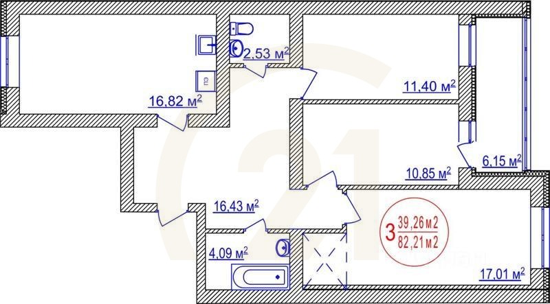 3-комн. квартира, 82,21 м²в ЖК «Семейный»