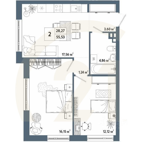 2-комн. квартира, 55,37 м²в ЖК «Крылья»