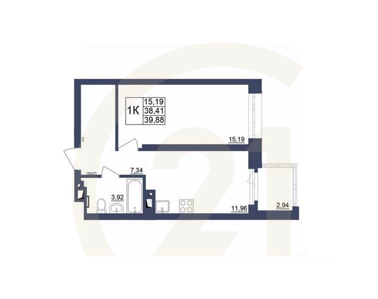 1-комн. квартира, 39,88 м²