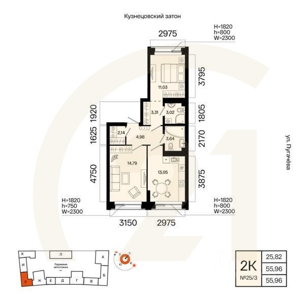 2-комн. квартира, 55,96 м²в ЖК «Первый остров»