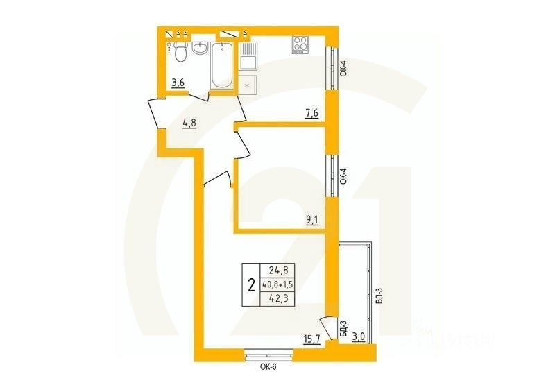 2-комн, 22,2 м²