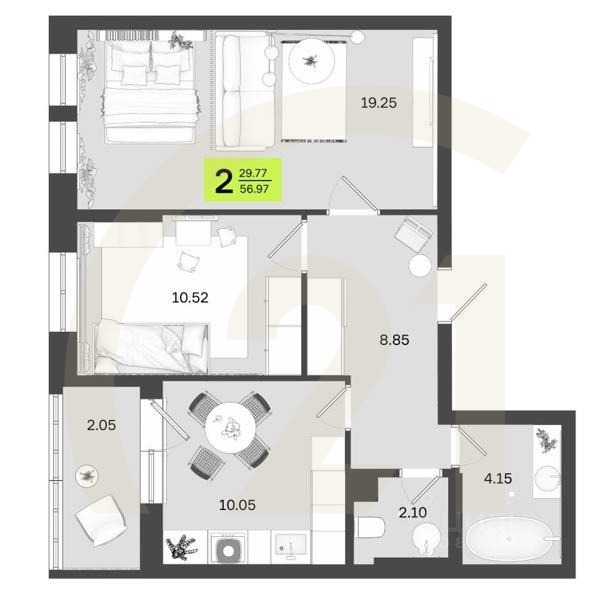 2-комн. квартира, 56,97 м²в ЖК «Новый Фамильный»