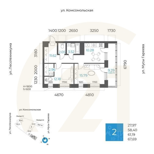 2-комн. квартира, 61,19 м²в ЖК «8 NEBO»