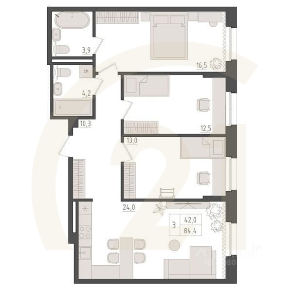 3-комн. квартира, 84,4 м²в ЖК «Новый Империал»