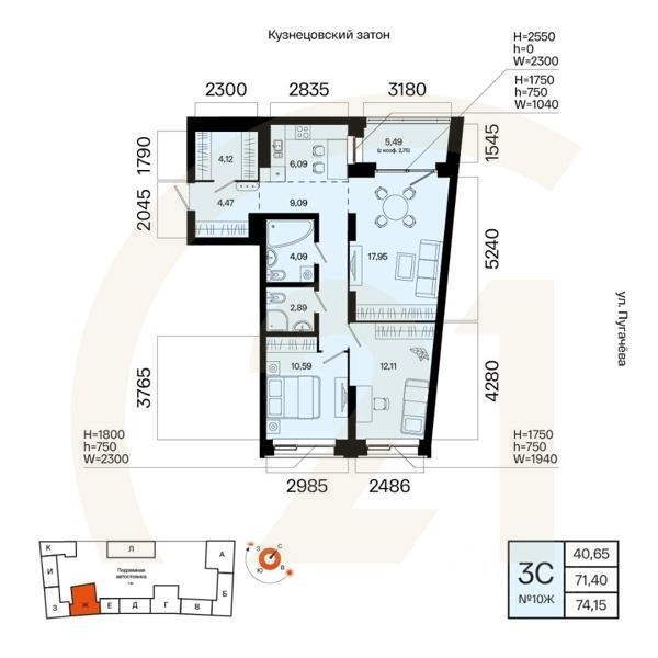 3-комн. квартира, 74,15 м²в ЖК «Первый остров»