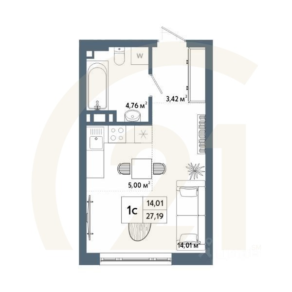 1-комн, 27,46 м²в ЖК «Крылья»