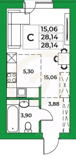 Студия, 28,14 м²