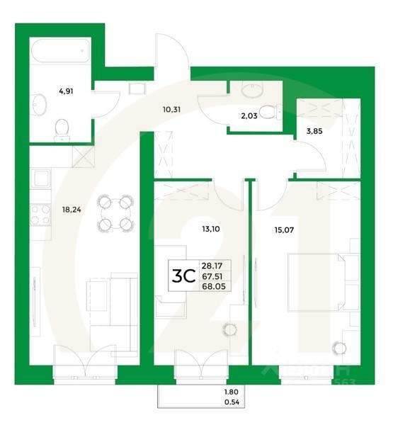 3-комн, 68,05 м²