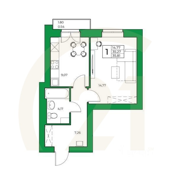 1-комн. квартира, 35,81 м²