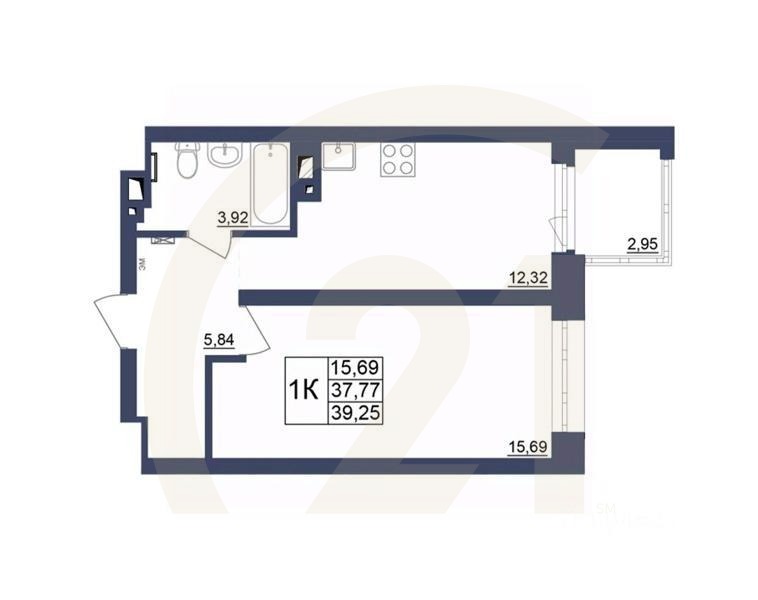 1-комн. квартира, 39,12 м²