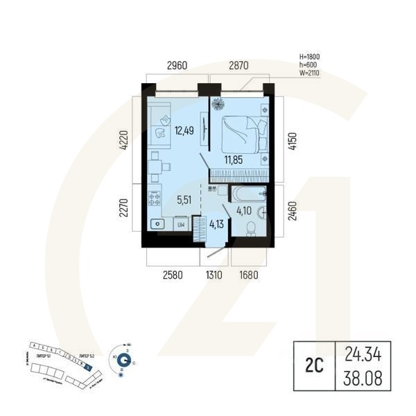 2-комн. квартира, 38,08 м²в ЖК «Новатор»