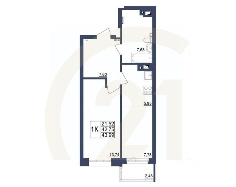 1-комн. квартира, 43,99 м²в ЖК «Космос»
