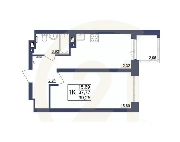 1-комн. квартира, 39,43 м²