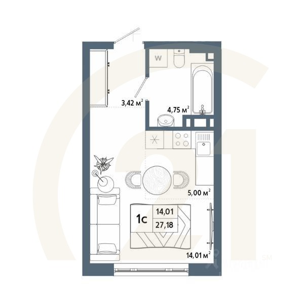 1-комн, 27,65 м²в ЖК «Крылья»