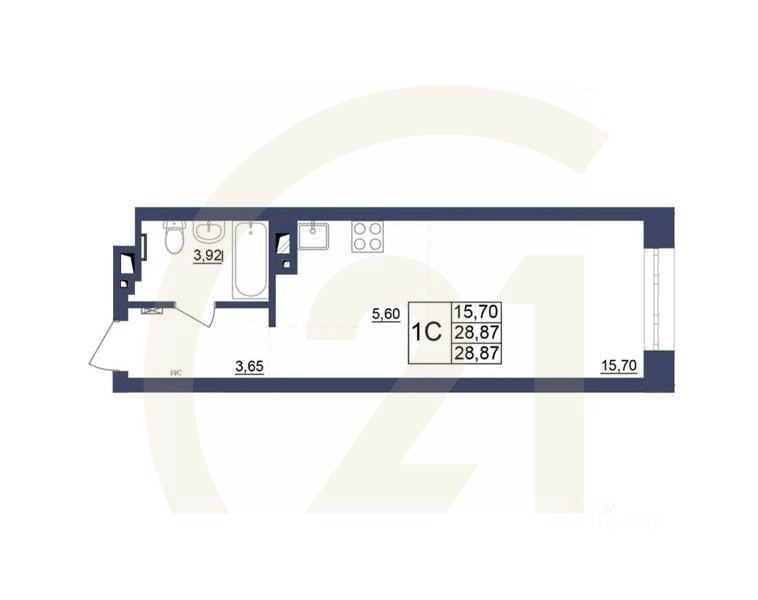 1-комн, 28,74 м²