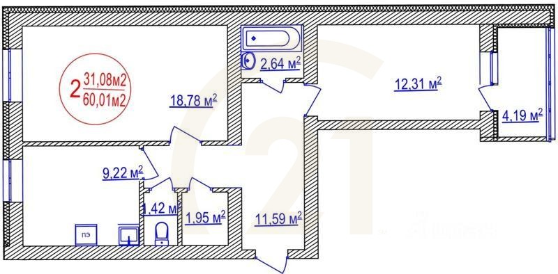2-комн. квартира, 60,01 м²в ЖК «Семейный»