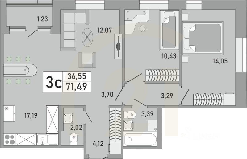 3-комн. квартира, 71,49 м²в ЖК «Платинум»
