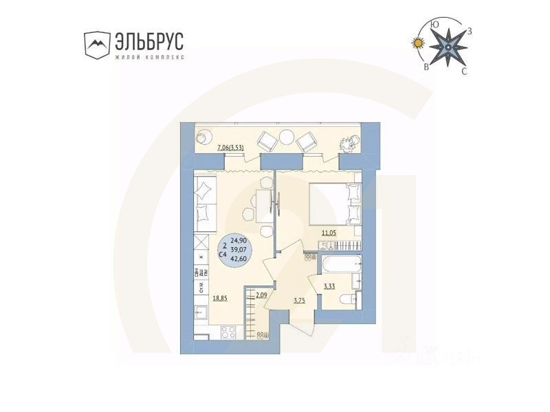 2-комн. квартира, 42,6 м²в ЖК «Эльбрус»