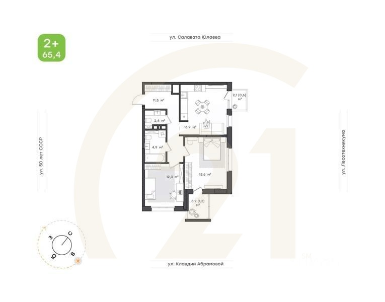2-комн. квартира, 65,4 м²в ЖК «Бионика Парк»