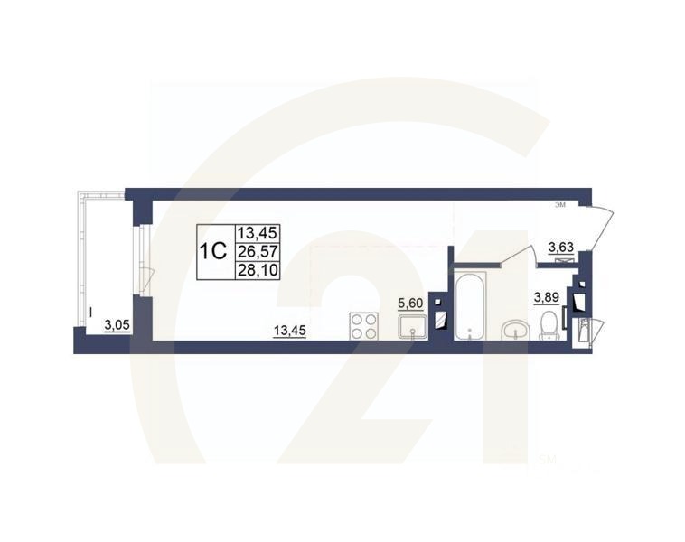 1-комн, 28,1 м²в ЖК «Космос»