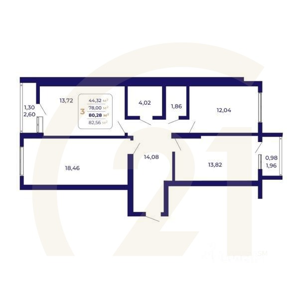 3-комн. квартира, 80,28 м²в ЖК «Паруса»