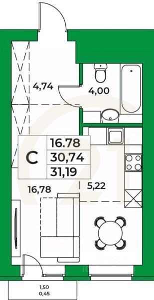 Студия, 31,19 м²