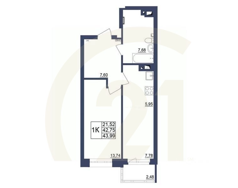 1-комн. квартира, 43,75 м²