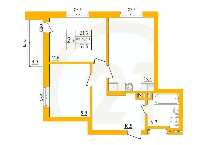 2-комн. квартира, 53,4 м²