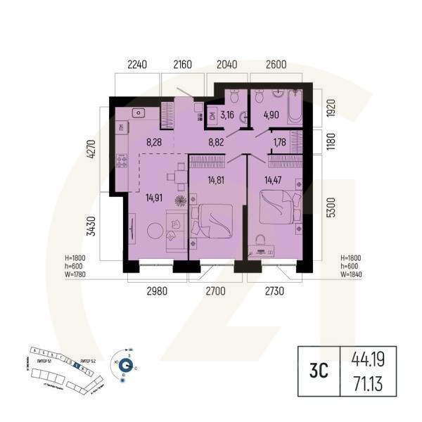 3-комн. квартира, 71,13 м²в ЖК «Новатор»