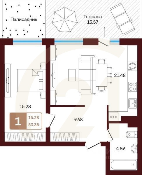 1-комн, 53,38 м²в ЖК «ЯРАТАУ»