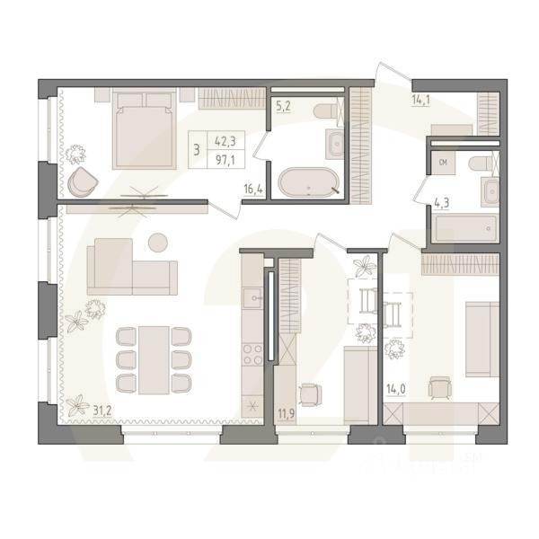 3-комн. квартира, 97,1 м²в ЖК «Новый Империал»