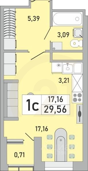 1-комн. квартира, 29,56 м²в ЖК «Платинум»