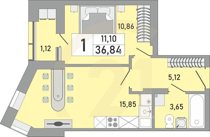 1-комн. квартира, 36,84 м²в ЖК «Платинум»