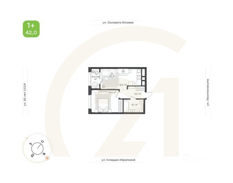 1-комн. квартира, 42 м²в ЖК «Бионика Парк»