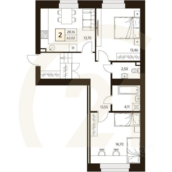 2-комн. квартира, 66,8 м²в ЖК «MATUR»
