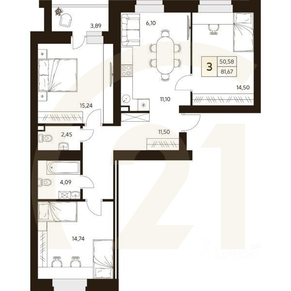 3-комн. квартира, 81,67 м²в ЖК «MATUR»