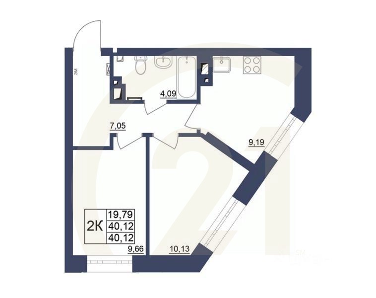2-комн. квартира, 40,34 м²в ЖК «Космос»