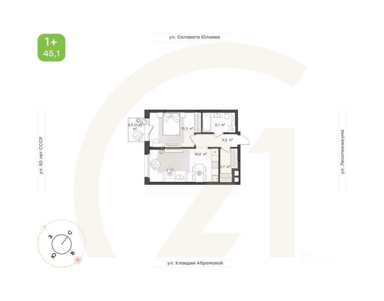 1-комн. квартира, 45,1 м²в ЖК «Бионика Парк»