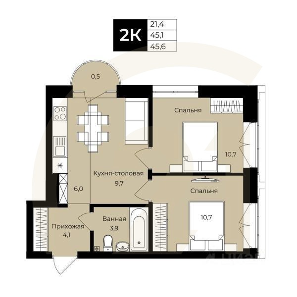 2-комн. квартира, 45,1 м²в ЖК «Ленинские высотки»