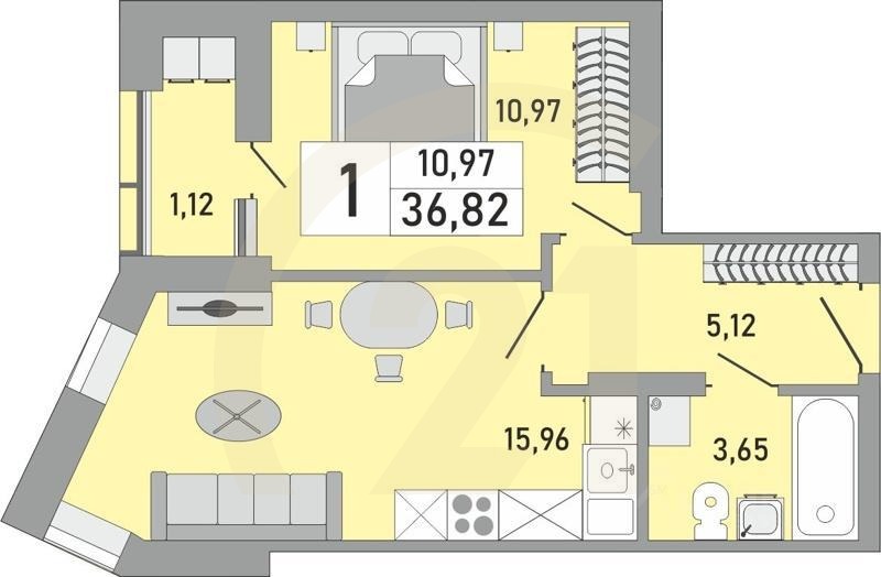 1-комн. квартира, 36,82 м²в ЖК «Платинум»